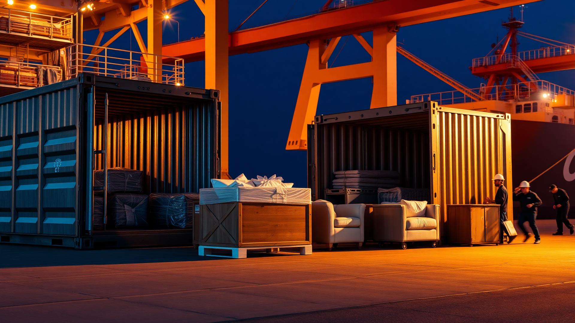 Household goods in export crates being loaded into containers at a seaport at dusk